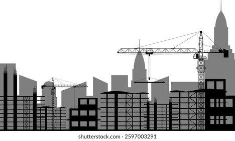Silhouette image of buildings under construction  isolated on white background