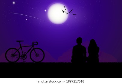 silhouette image A couple man and woman sitting with Moon on sky at night time design vector illustration