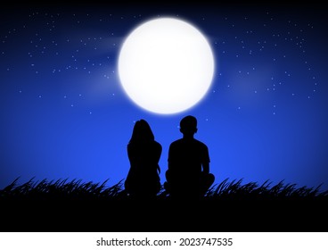 silhouette image A couple man and woman sitting with Moon on sky at night time design vector illustration