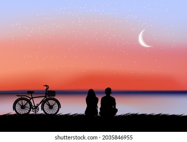 silhouette image A couple man and women sitting look the moon  in the sky at night time design vector illustration