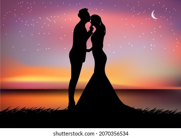 silhouette image A couple man and women with Moon in the sky at night time design vector illustration
