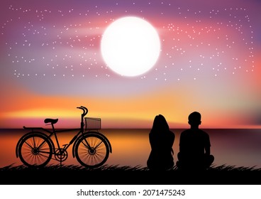 silhouette image A couple man and women sitting at the beach with Moon in the sky at night time design vector illustration