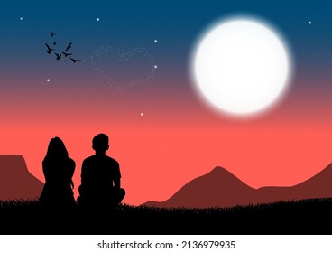 silhouette image A couple man and women sitting on grass and look  Moon in the sky at night time design vector illustration