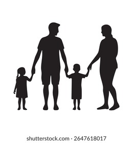 Uma imagem de silhueta retrata uma família de quatro mãos segurando. O estilo de silhueta cria uma imagem simples, mas impactante.