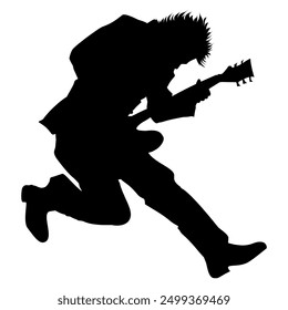 Silhouette image of an electric guitar player on a transparent background, suitable for tattoos, logos, icons, stickers, advertising