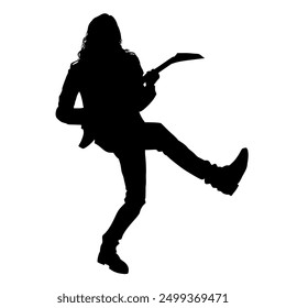 Silhouette image of an electric guitar player with long hair on a transparent background, suitable for tattoos, logos, icons, stickers, advertising