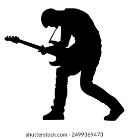 Silhouette image of an electric guitar player on a transparent background, suitable for tattoos, logos, icons, stickers, advertising