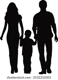 silhouette image of father, mother and child walking hand in hand or happy family