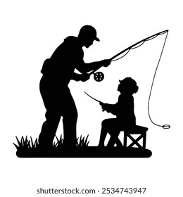 Silhouette image of a father teaching his child to fish by the lakeside