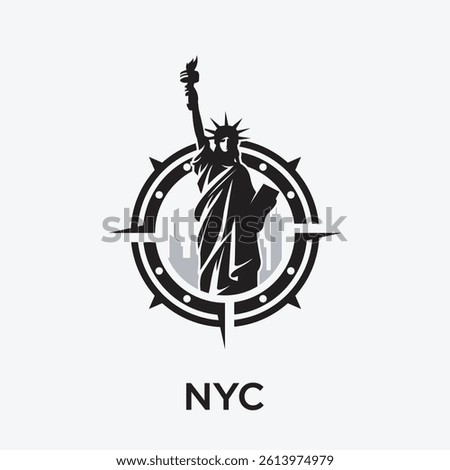 Silhouette image featuring the Statue of Liberty surrounded by a compass design and cityscape, symbolizing navigation, travel, and the iconic representation of New York City.