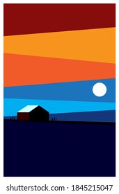 Silhouette image of full moon night, mountains, gardens and nature in the village. Flat vector design. simple art for the interior of homes and buildings.