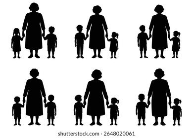 Silhouette image of grandmother with two children holding hands together on a white background