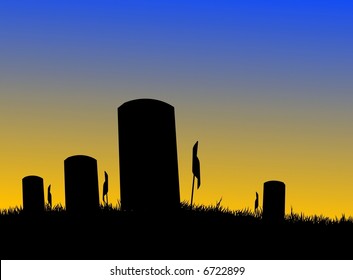 Silhouette image of grave markers and flags at a cemetery for war veterans.