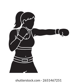 Silhouette image highlights a determined woman boxer in athletic attire and gloves, extending her arm in a powerful punch, all set against a clear, transparent background.
