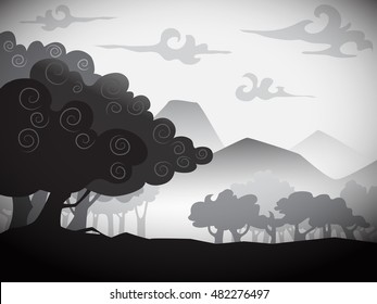 silhouette image of landscape with trees, vector illustration, flat puppet style