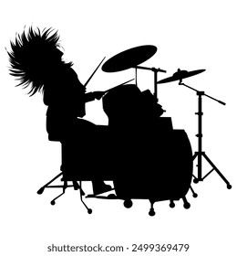 Silhouette image of a long-haired rocker drummer on a transparent background. Perfect for stickers, tattoos, icons, logos, advertising