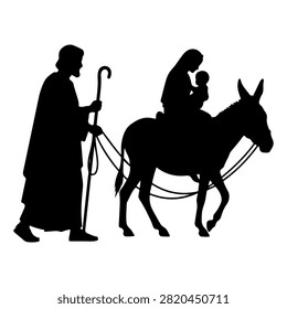 Silhouette image of a man guiding a donkey with a child riding on its back, capturing a traditional and peaceful rural scene.