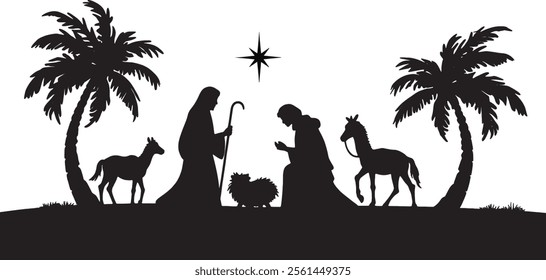 silhouette image of a Nativity scene featuring Mary, Joseph, baby Jesus in a manger, animals, and palm trees under a stable. A serene Christmas design emphasizing peace, faith, and tradition. 