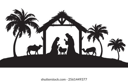 silhouette image of a Nativity scene featuring Mary, Joseph, baby Jesus in a manger, animals, and palm trees under a stable. A serene Christmas design emphasizing peace, faith, and tradition. 