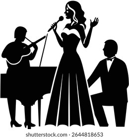 A imagem da silhueta retrata uma cantora afro-americana posicionada de vestido segurando um microfone, como guitarrista e pianista tocando em acompanhamento contra um pano de fundo transparente.