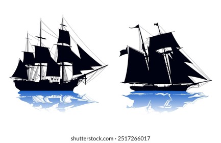 Silhouette image of a sailboat in the ocean. Suitable for design elements from sailing and sea adventures. Vector pirate ship.