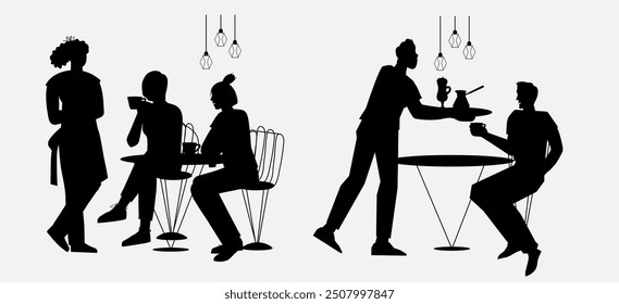 Silhouette image of a scene in a cafe or coffee shop. People sitting in cafe, chatting, and waitress taking order, outline graphic vector illustration on white background.