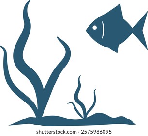 Silhouette image of seaweed and fish in cartoon style. Vector illustration with transparent background.