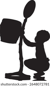 A silhouette image shows a child playing with a drum and spoon on a stand in a white background scene.
