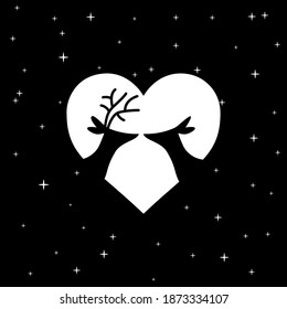Silhouette image of two animal, male and female deer making love. love symbol in white. dark full of stars