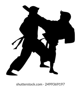 Silhouettenbild von zwei Menschen, die auf transparentem Hintergrund gegen Karate kämpfen