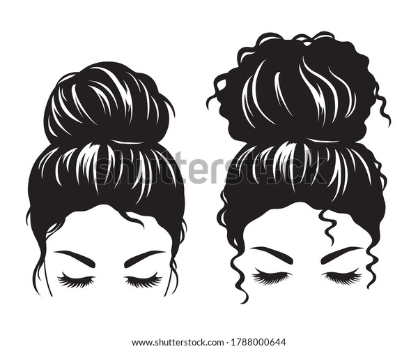 Silhouette image of a woman face\
with messy hair in a bun and long eyelashes vector\
illustration.