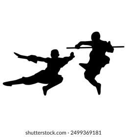 Silhouette image of a young person doing kung fu on a transparent background. Perfect for stickers, logos, icons and tattoos