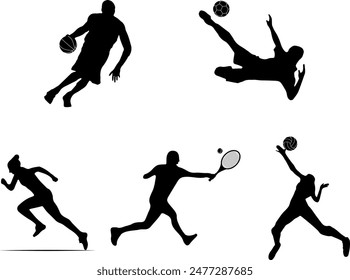 Silhouette Images of Athletes Playing Basketball, Soccer, Tennis, Running, Volleyball in Action Poses. Dynamic Movement of Sportsmen.