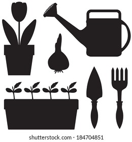 Silhouette images of garden equipment and plants in pots set