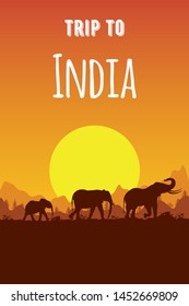 Silhouette of Indian, Asian family of elephant at sunset, mountains and nature. Vector background for travel flyers and brochures. Template for tourist poster or banner in flat style. Place for text.