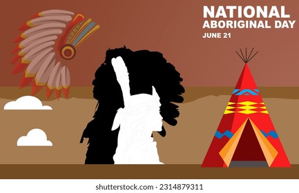 silhouette of indian chief and silhouette of indian woman with teepee tent or tepee also called lodge is a conical tent and bold text commemorating NATIONAL ABORIGINAL DAY
