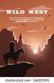 Silhouette of an Indian on the background of the wild west. Poster vector background.