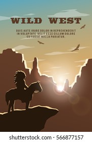 Silhouette of an Indian on the background of the wild west. Poster, vector background.