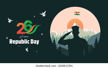 Silhouette of Indian soldier saluting flag for Indian Republic Day banner editable template.
