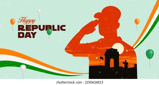 Silhouette of Indian soldier saluting for Indian Republic Day, 26 January editable template banner.