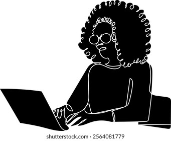 Silhouette of an indigenous Latino woman sitting at a cozy desk and using a laptop at home