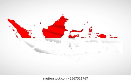 Silhouette of Indonesia map filled with the Indonesian flag design, symbolizing national pride, cultural heritage, and geographic uniqueness.  
