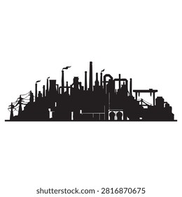 Silhouette of an industrial factory complex. Features smoke stacks emitting smoke, pipes, and tall structures. Represents heavy industry, manufacturing, and pollution. Suitable for themes of production, power, and environmental impact.