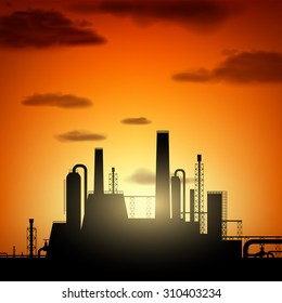 Silhouette of industrial factory. Pipes with smoke. Stock vector image.