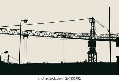 silhouette of industrial landscape with crane. vector illustration