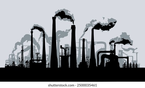 Silhouette of an industrial plant with pipes and smoke. Vector monochrome sketch of plant in EPS 10 format