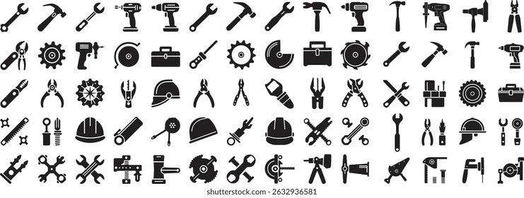 silhueta indústria ferramentas linha ícones conjunto. construção, equipamento, reparação, ilustração de vetor de máquinas
