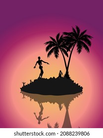 Silhouette of infected people (zombies) and coconut trees on an island along with reflection to symbolize "The Infected Island" during sunset or sunrise.