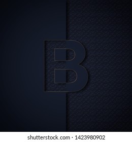 Silhouette initial letter B isolated on black textured background. Letter logo or emblem in paper cut style. Modern 3d design for advertising, monogram, card, cover, poster, banner, decoration. Vector