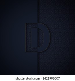 Silhouette initial letter D isolated on black textured background. Letter logo or emblem in paper cut style. Modern 3d design for advertising, monogram, card, cover, poster, banner, decoration.